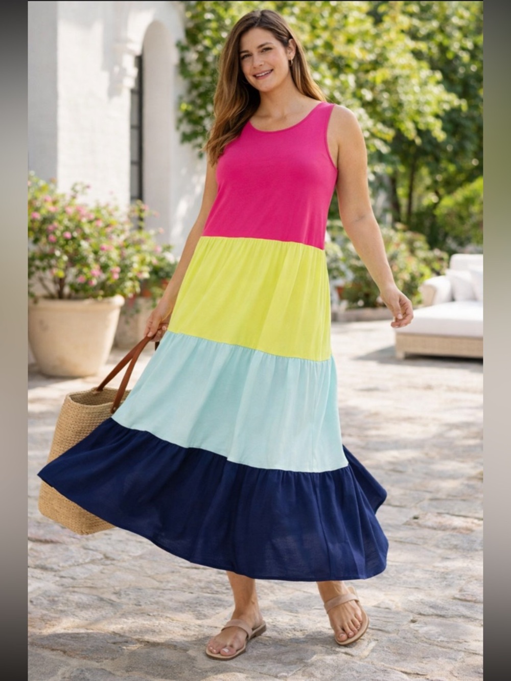 Lands’ End Colorblock Tiered Midi Dress Pink Lime Aqua Navy Petite M NWT Summer